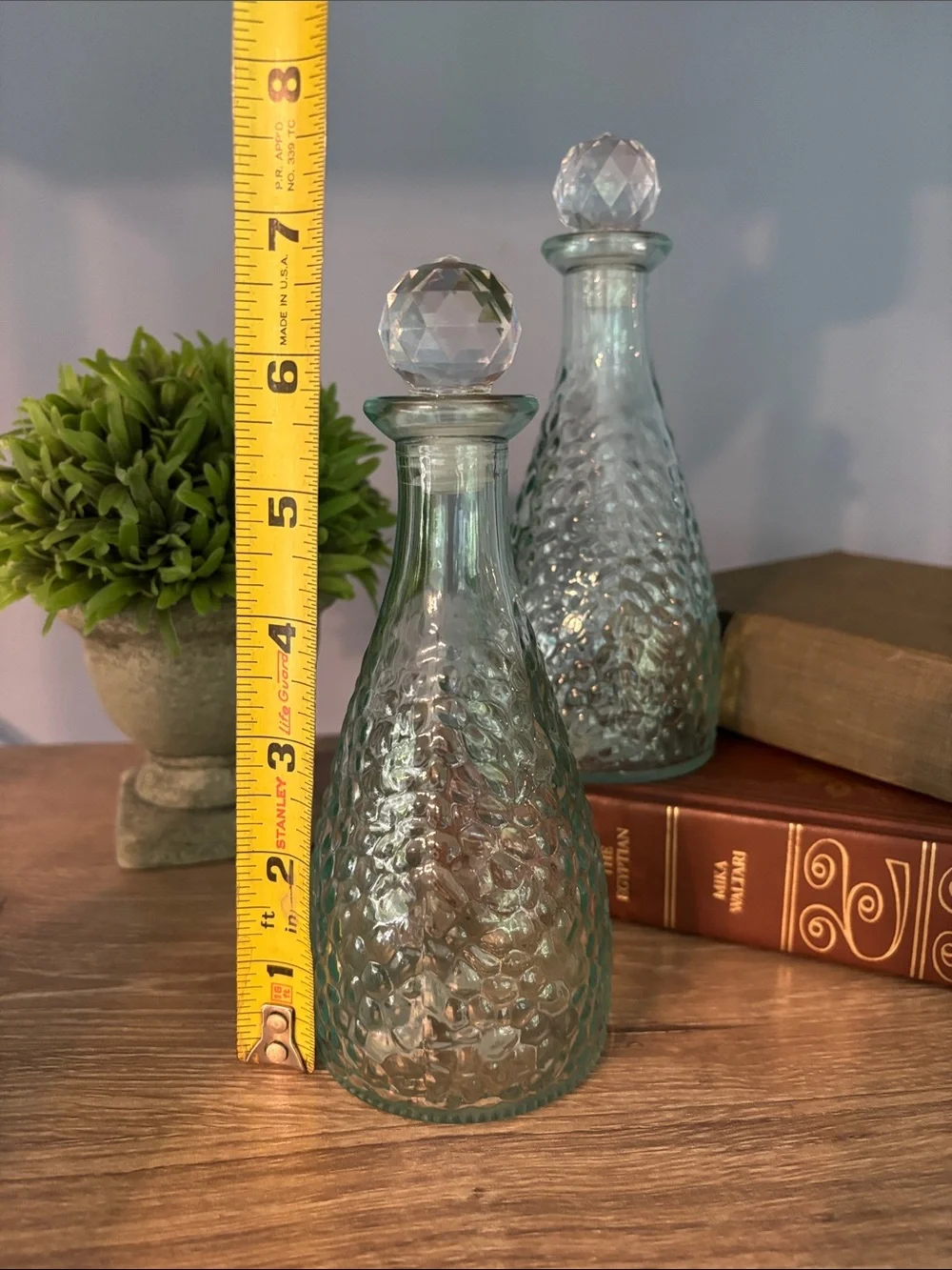 Glass Textured Decanter Bottle with Faceted Stopper - Aqua